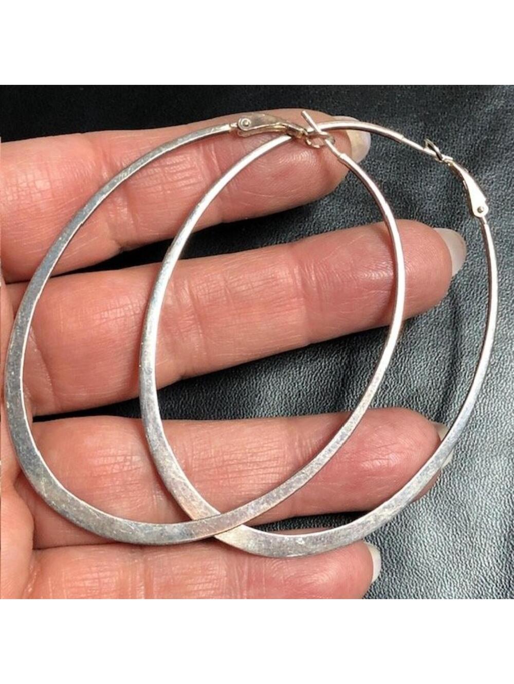 B1104 JCM XL Oval Hoop Earrings Sterling Silver 925 Flat 3" patina 7.6gram